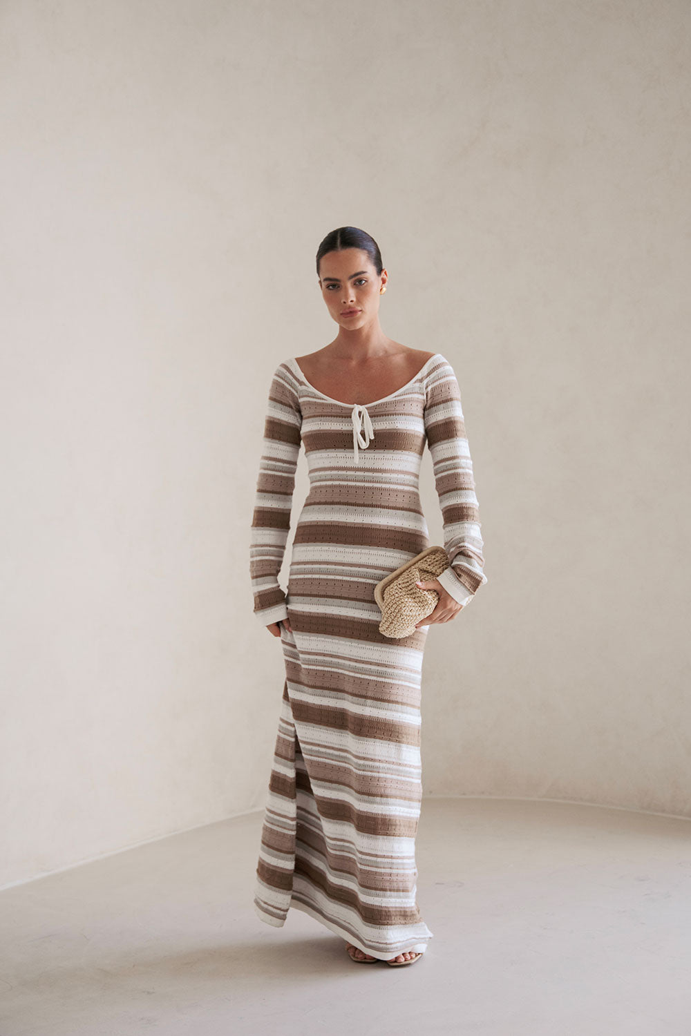 ワンピース M Cotton Striped Ribbed Knit Dress Tameeka Knit Maxi Dress - Stripe White Brown Grey – SABO
