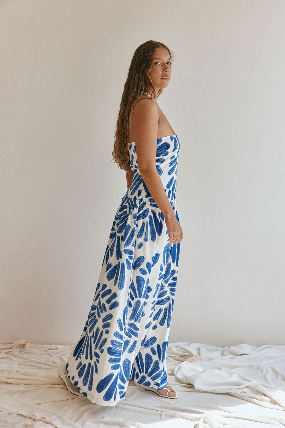 Blue Brush Petal Print Strapless Maxi Mila Dress – SABO