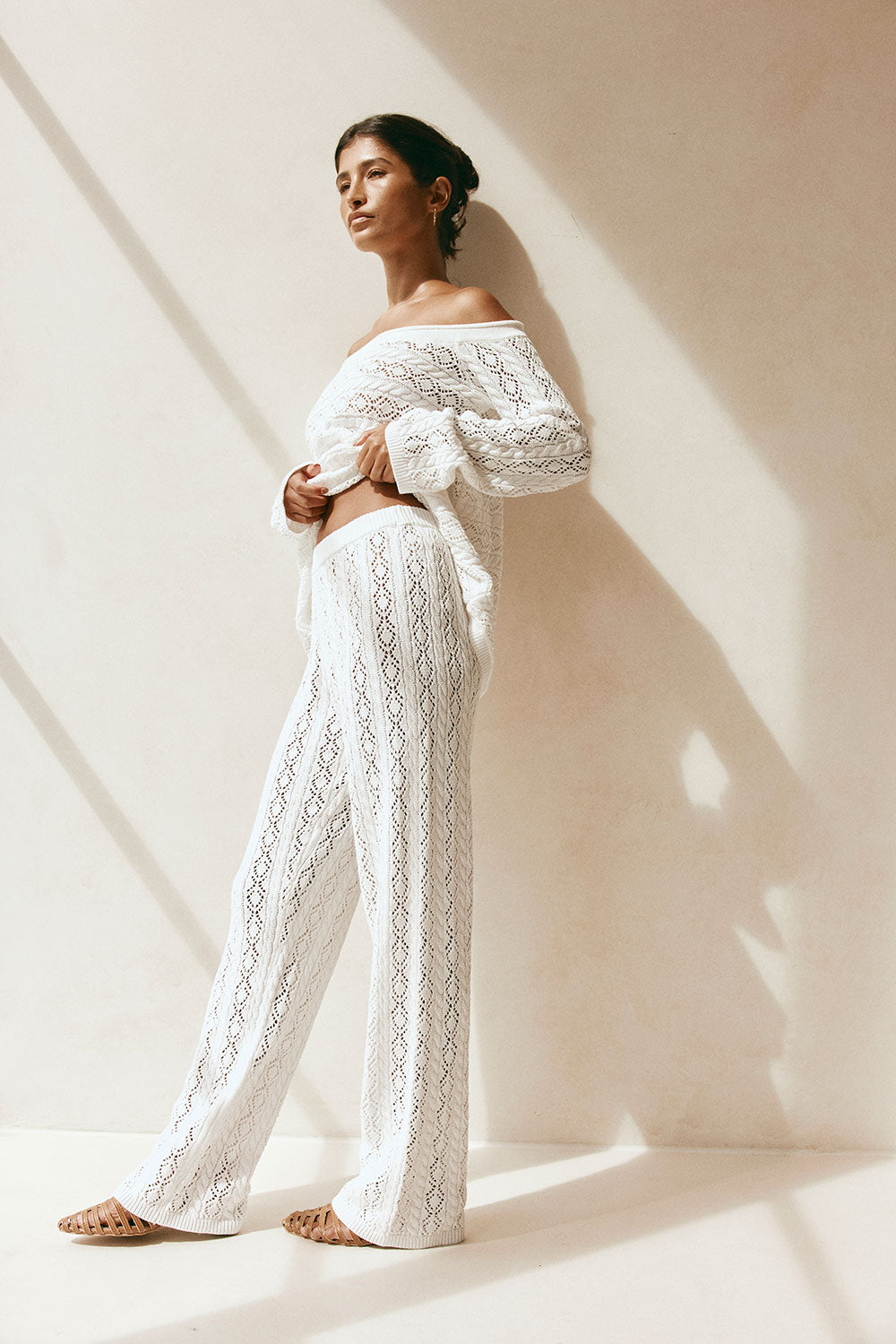 White Crochet Knit High Waist Elastic Cierra Pants – SABO