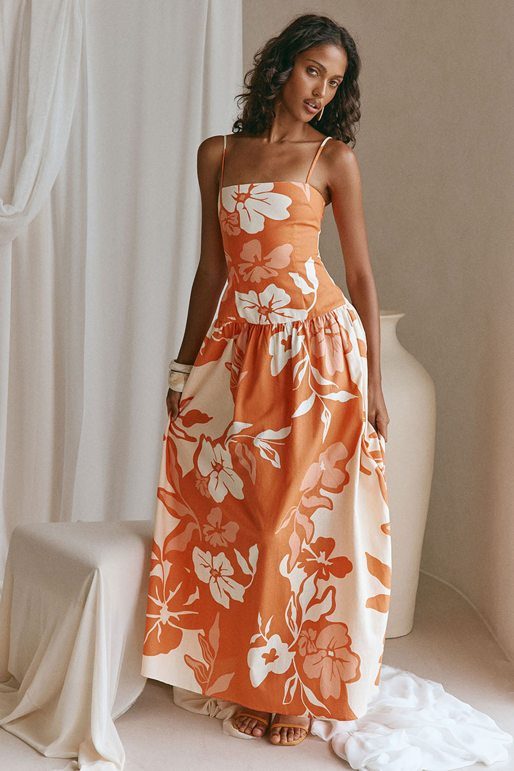 Orange Sunset Botanica Floral Print Linen Maxi Samia Dress S