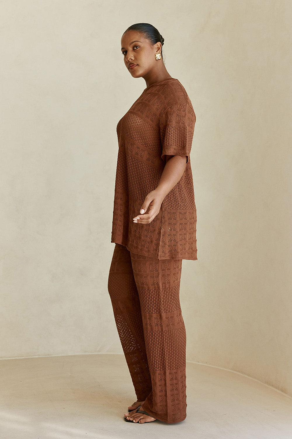 Chocolate Brown Crochet Knit High Wasit Nixie Pants – SABO