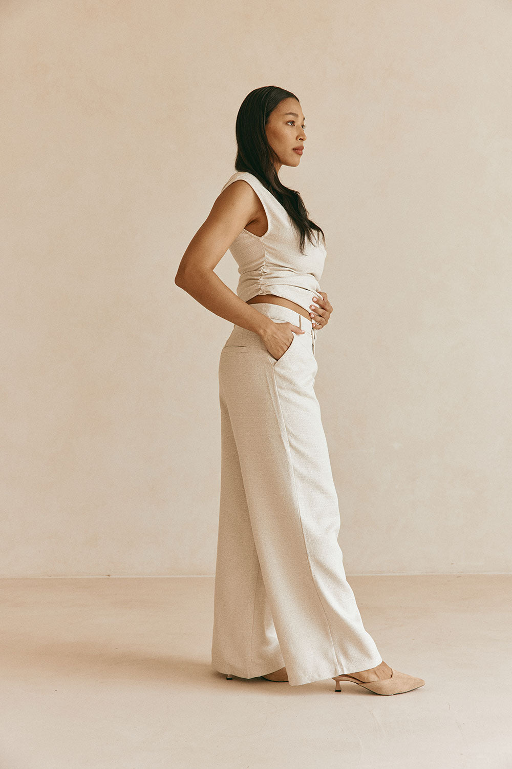 Beige Asymmetric Waist Straight Leg Azul Trouser Pants – SABO