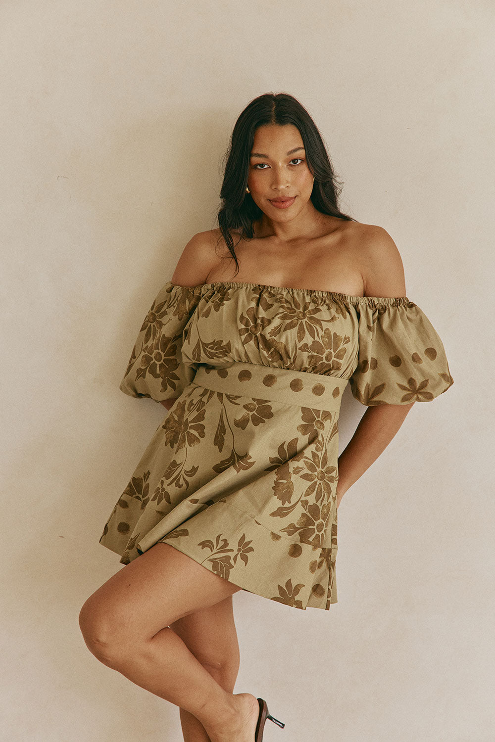 Ancienne Green Print Linen Puff Sleeve Mini Xana Dress – SABO