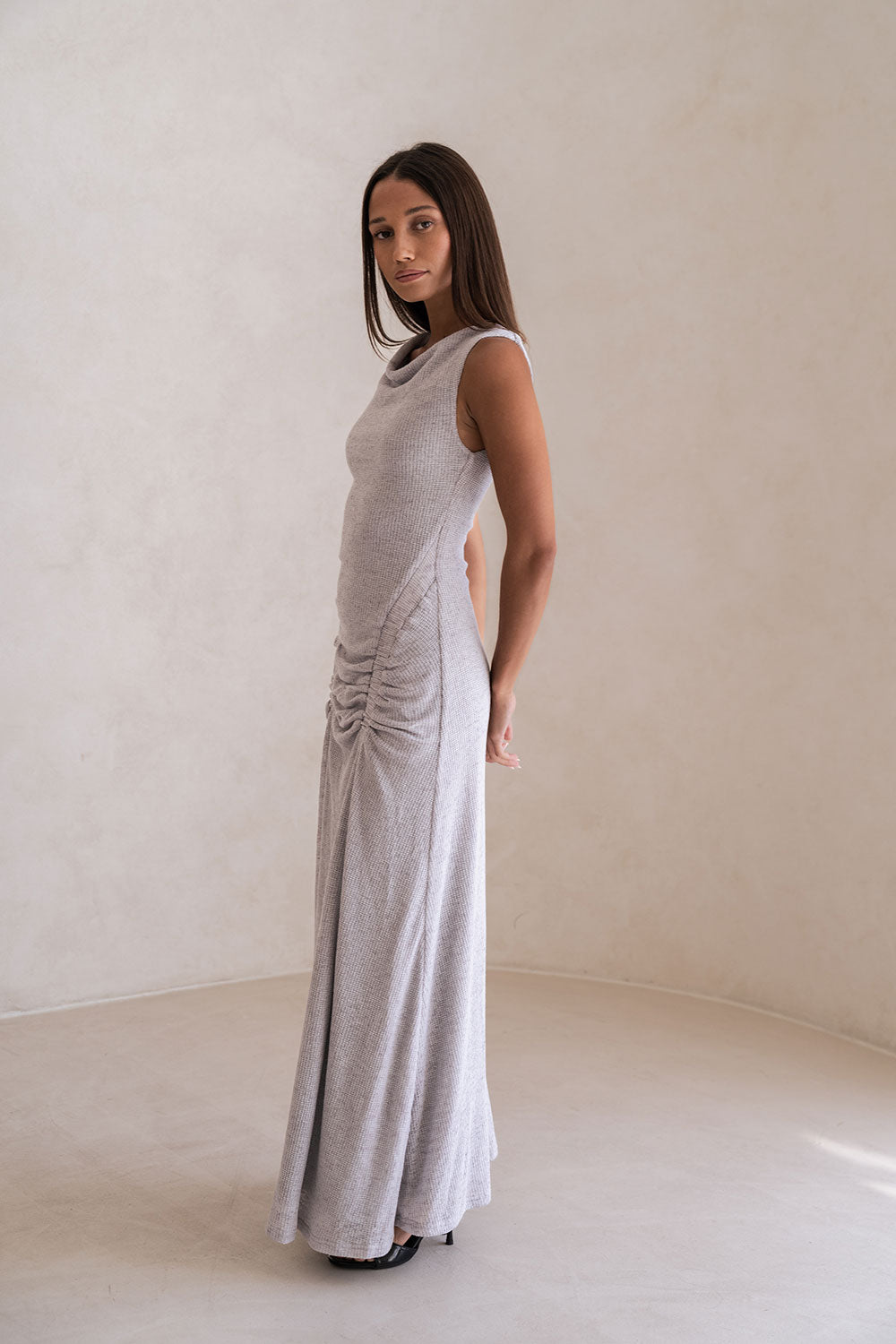 Dusty Blue Stretchy Knit Ruched Maxi Thea Dress XXL | by SABO Dusty Blue Stretchy Knit Ruched Maxi Thea Dress XXL | by SABO