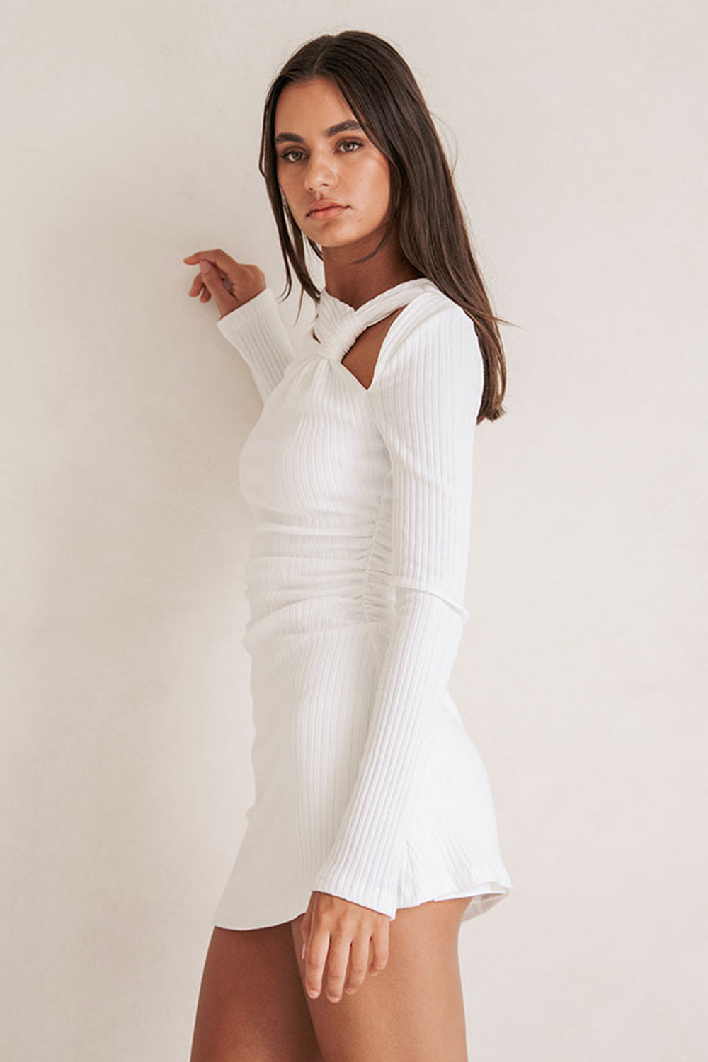White Ribbed Long Sleeve A Line Mini Aster Dress S