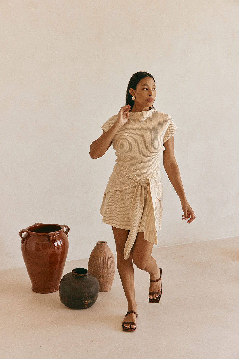 Beige Cotton Knit Draped Mini Lovina Dress XS | by SABO Beige Cotton Knit Draped Mini Lovina Dress XS | by SABO
