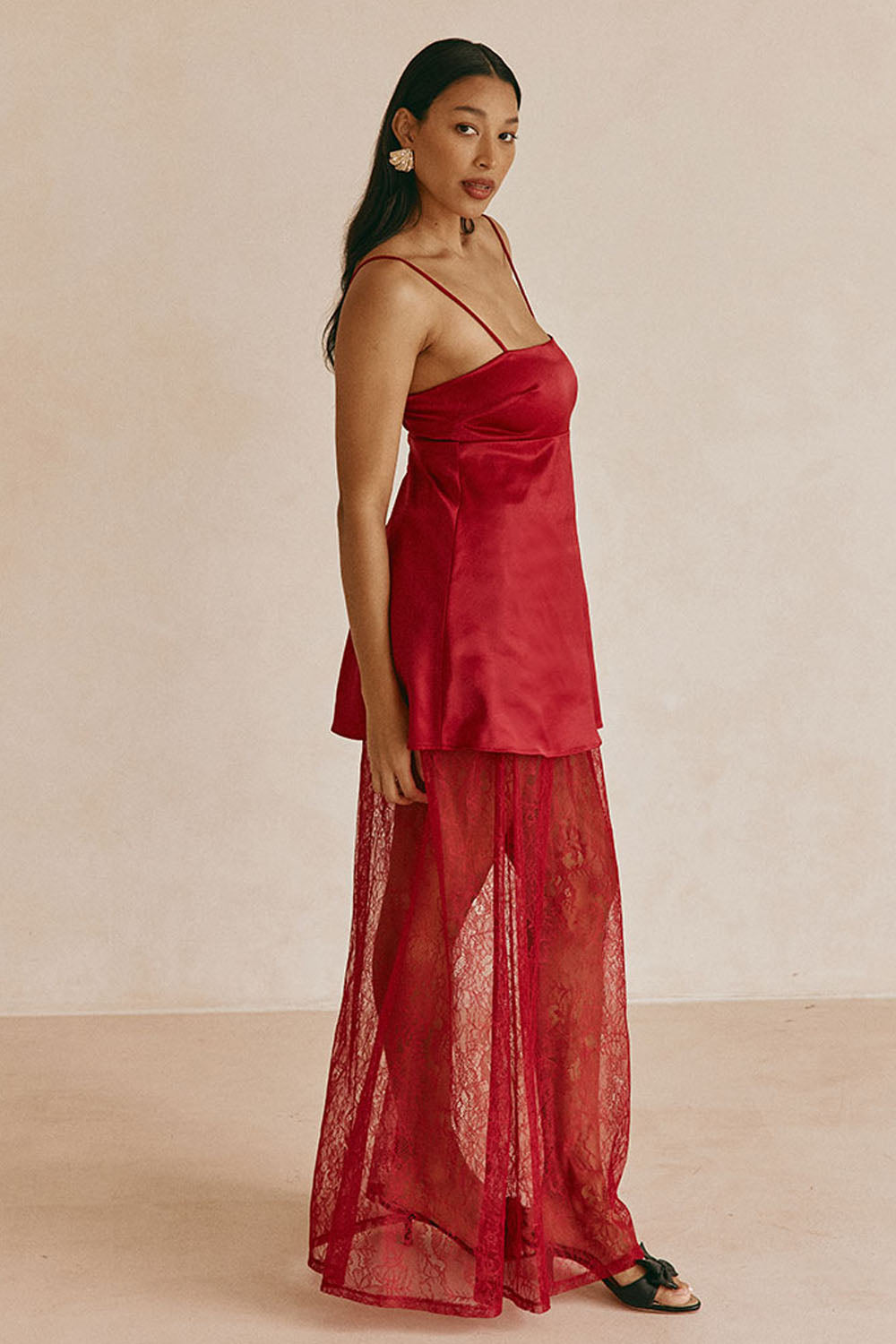 Red Silky Lace Strappy Maxi Dove Dress XL