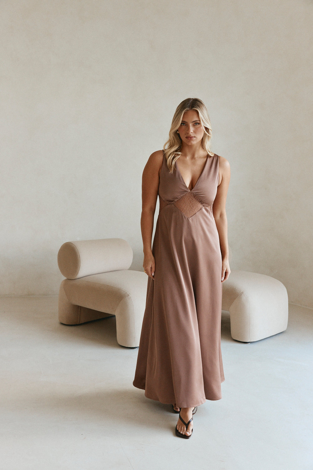 Brown V Neck Cut Out Lace Maxi Dynasty Dress XXS