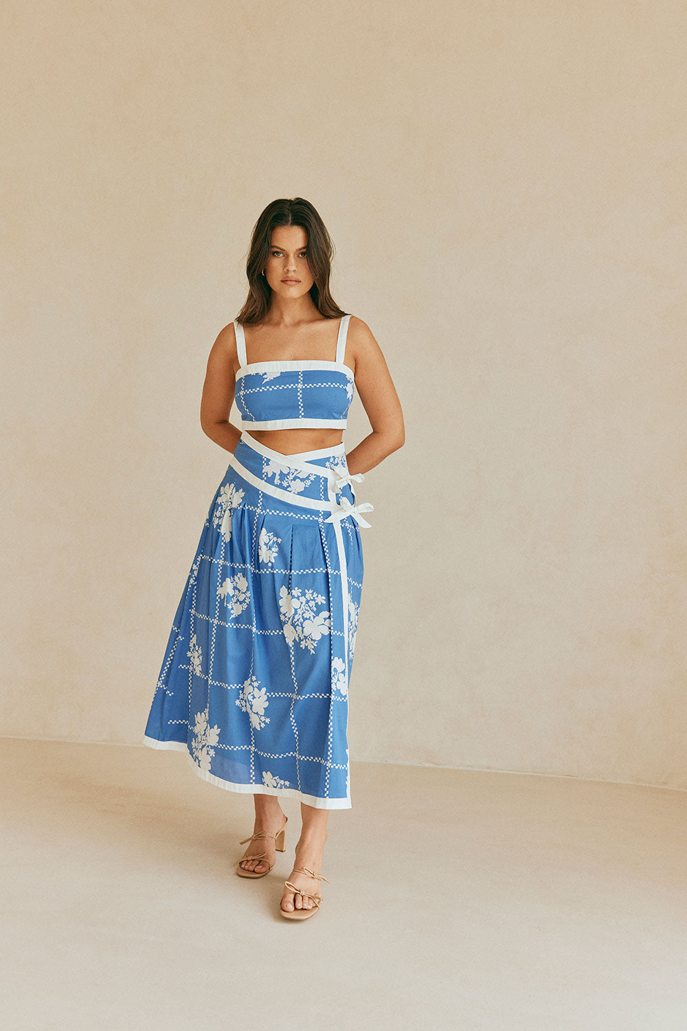 Estelle Split Wrap Midi Skirt - Postcard, Blue & White Check