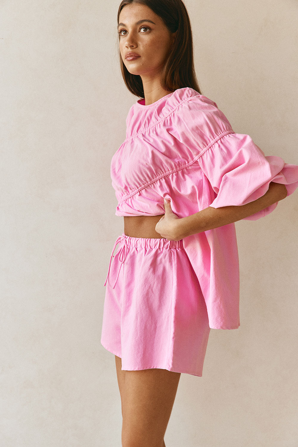 Pink Elastic Drawstring Akel Shorts – SABO