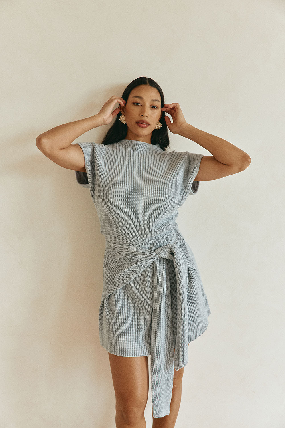 Blue Cotton Knit Draped Mini Lovina Dress – SABO