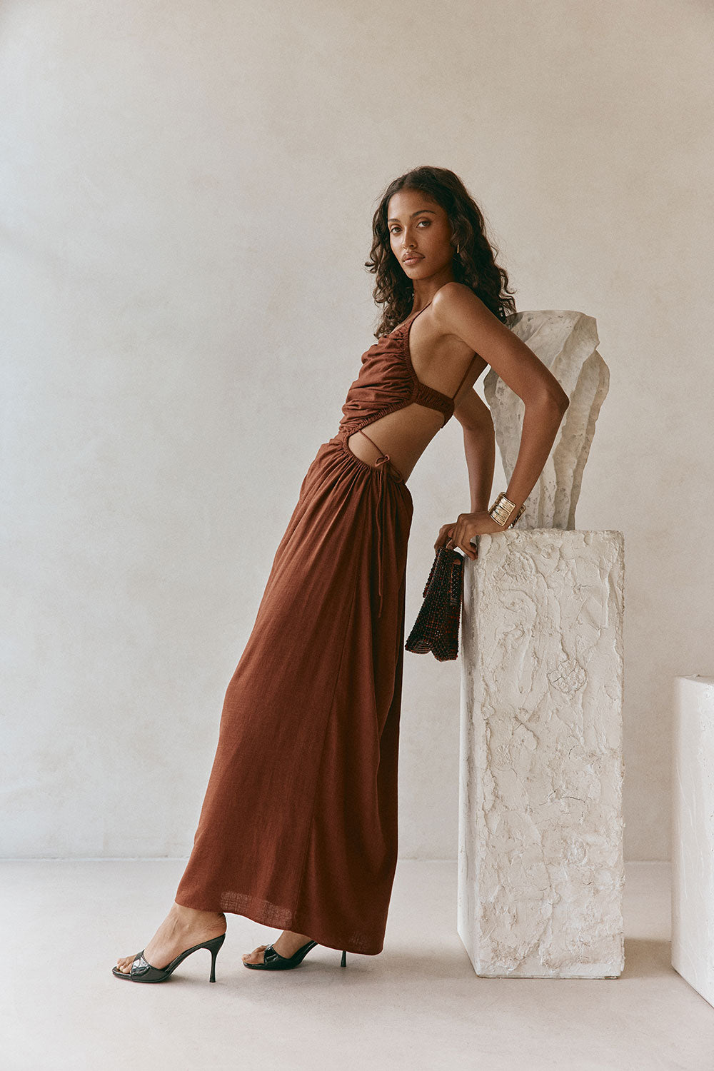 Chocolate Brown Asymmetric Backless Maxi Mahya Dress – SABO