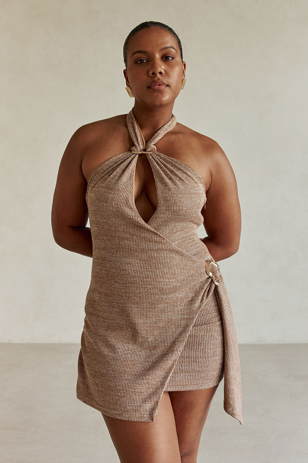 Tan Ribbed Wrap Mini Camari Halter Dress XL