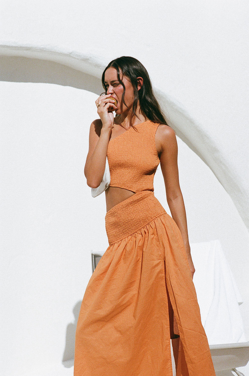 orange one piece dress Liberatore Coral Orange One-Shoulder Cotton Maxi Dress