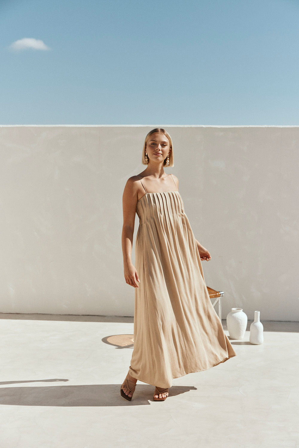 Tan Pin Tuck Pleat Maxi Ada Dress L