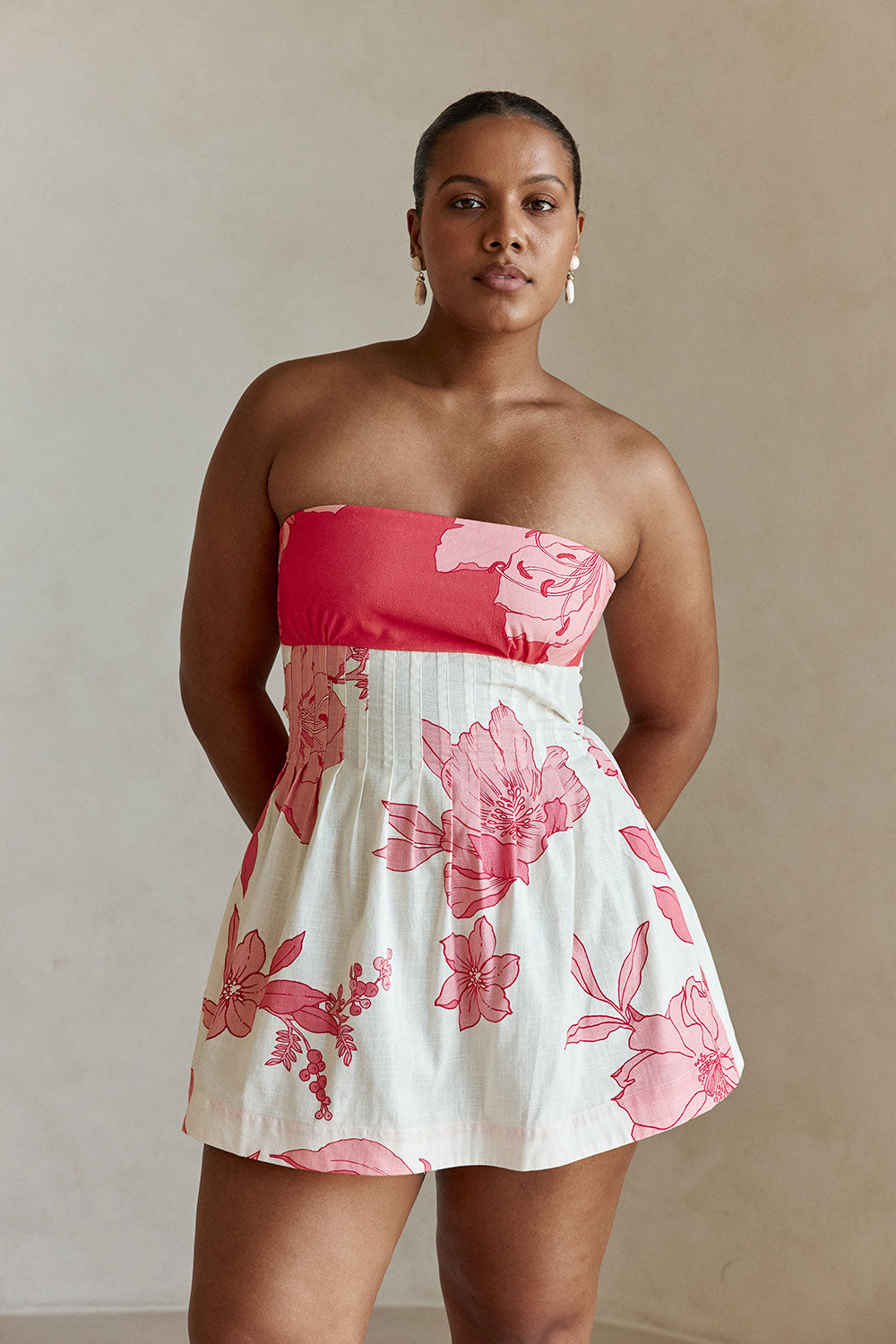 Pink Flora Sunset Print Strapless Pleat Mini Tabi Dress – SABO