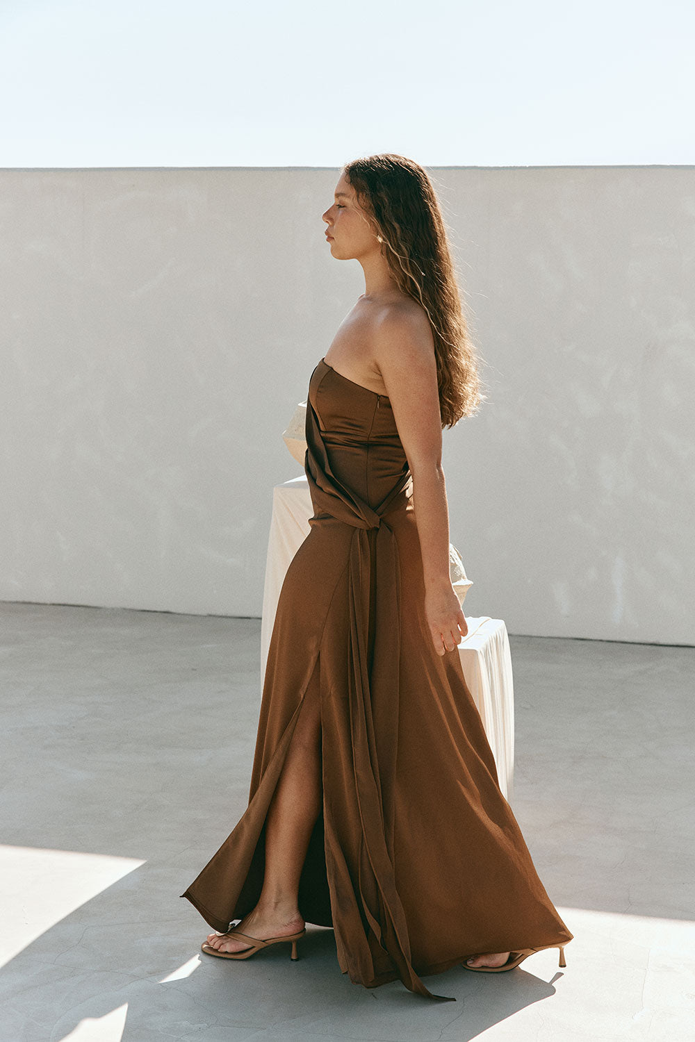 Chocolate Brown Silky Strapless Maxi Eclair Dress M