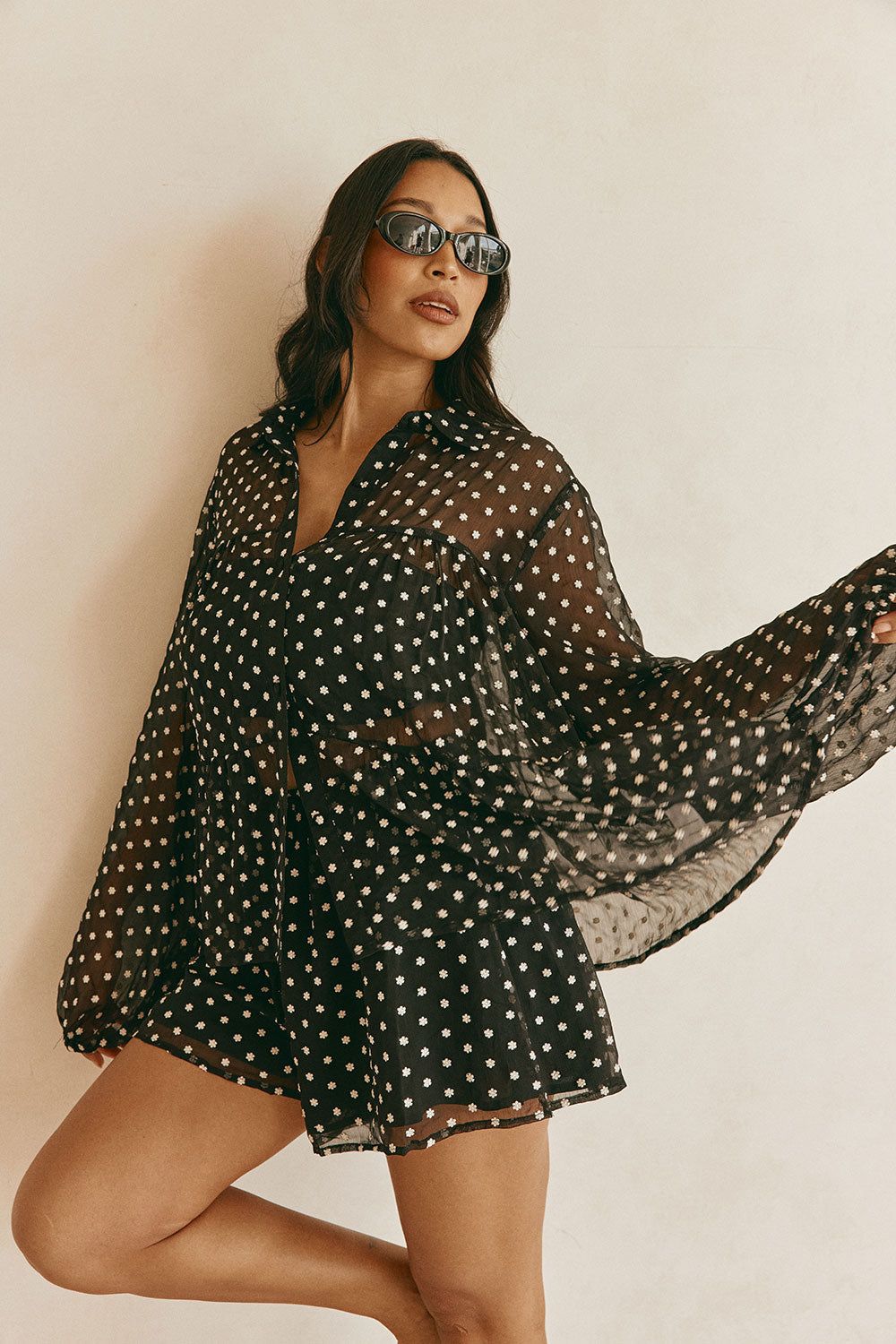 Black and White Floral Embroidery Button Up Delita Top – SABO