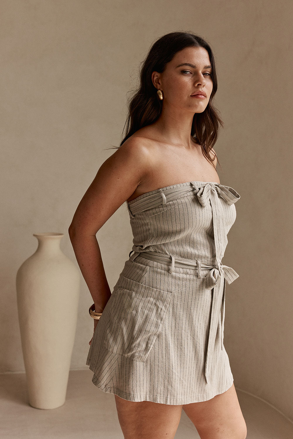 pinstripe strapless mini dress Pinstripe Buttons Strapless Dress