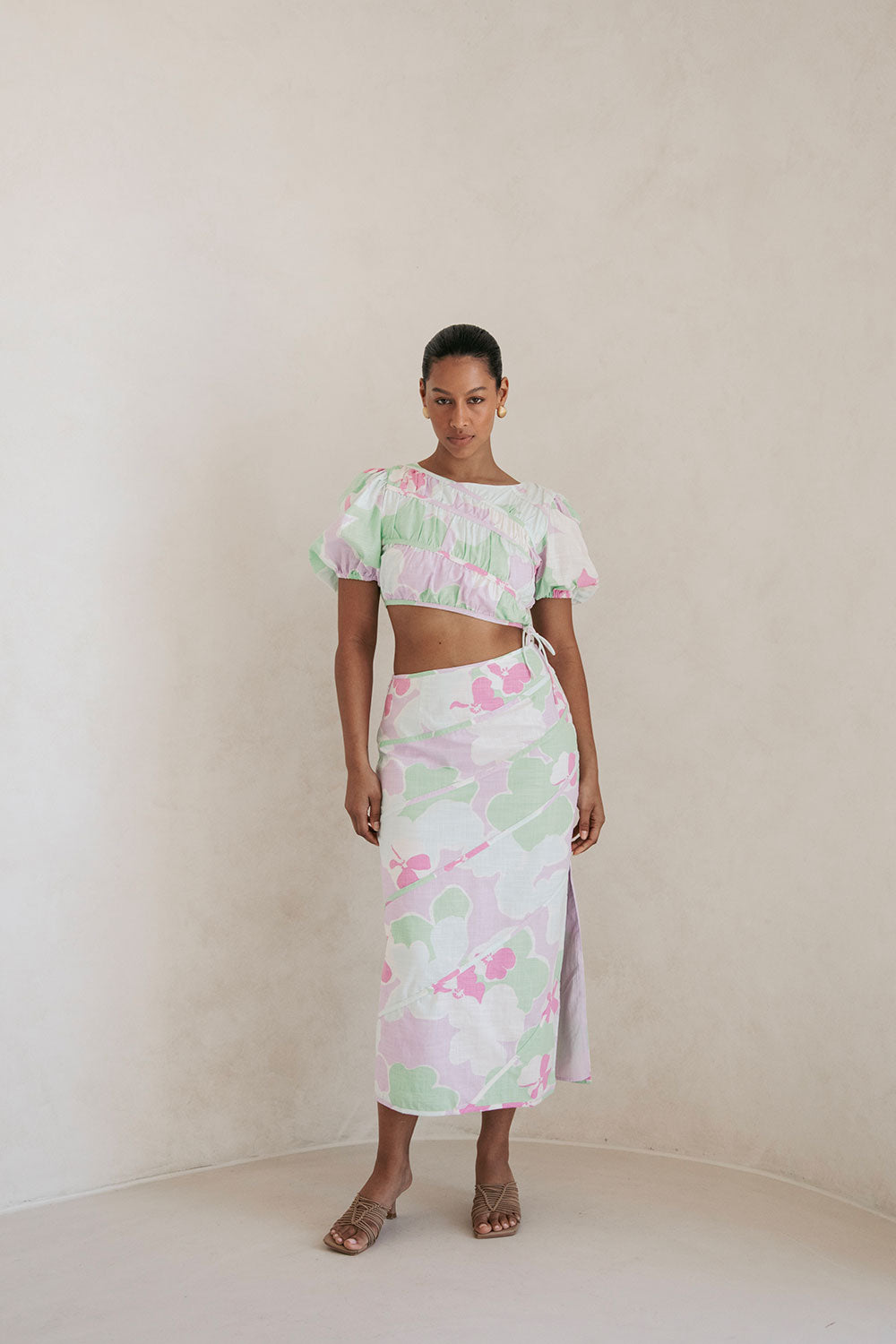 Elika Midi Split Skirt - Misty Floral Pink Purple Green – SABO