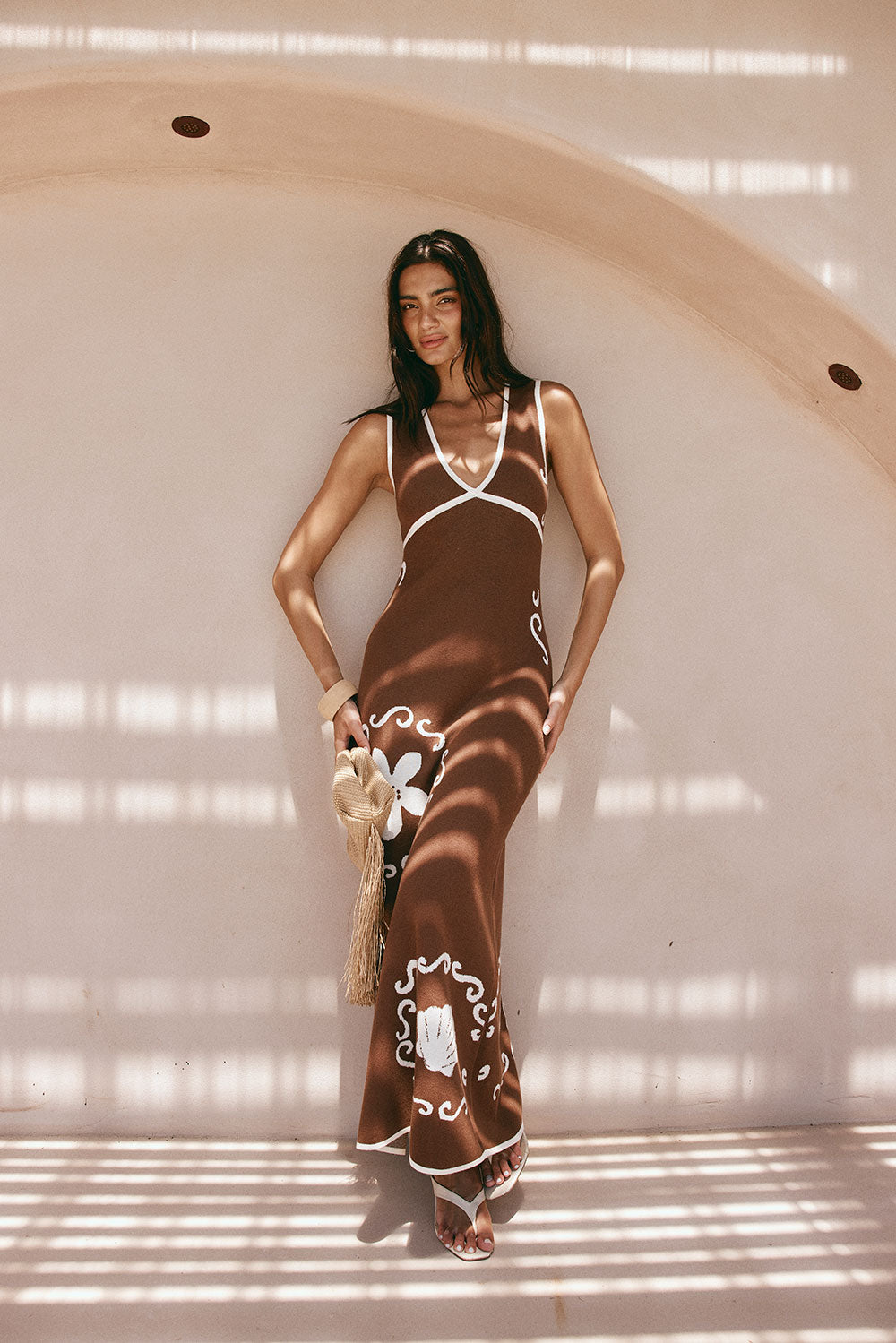 Emelia V Neckline Maxi Knit Dress - Brown, White SABO Emelia V Neckline Maxi Knit Dress - Brown, White SABO