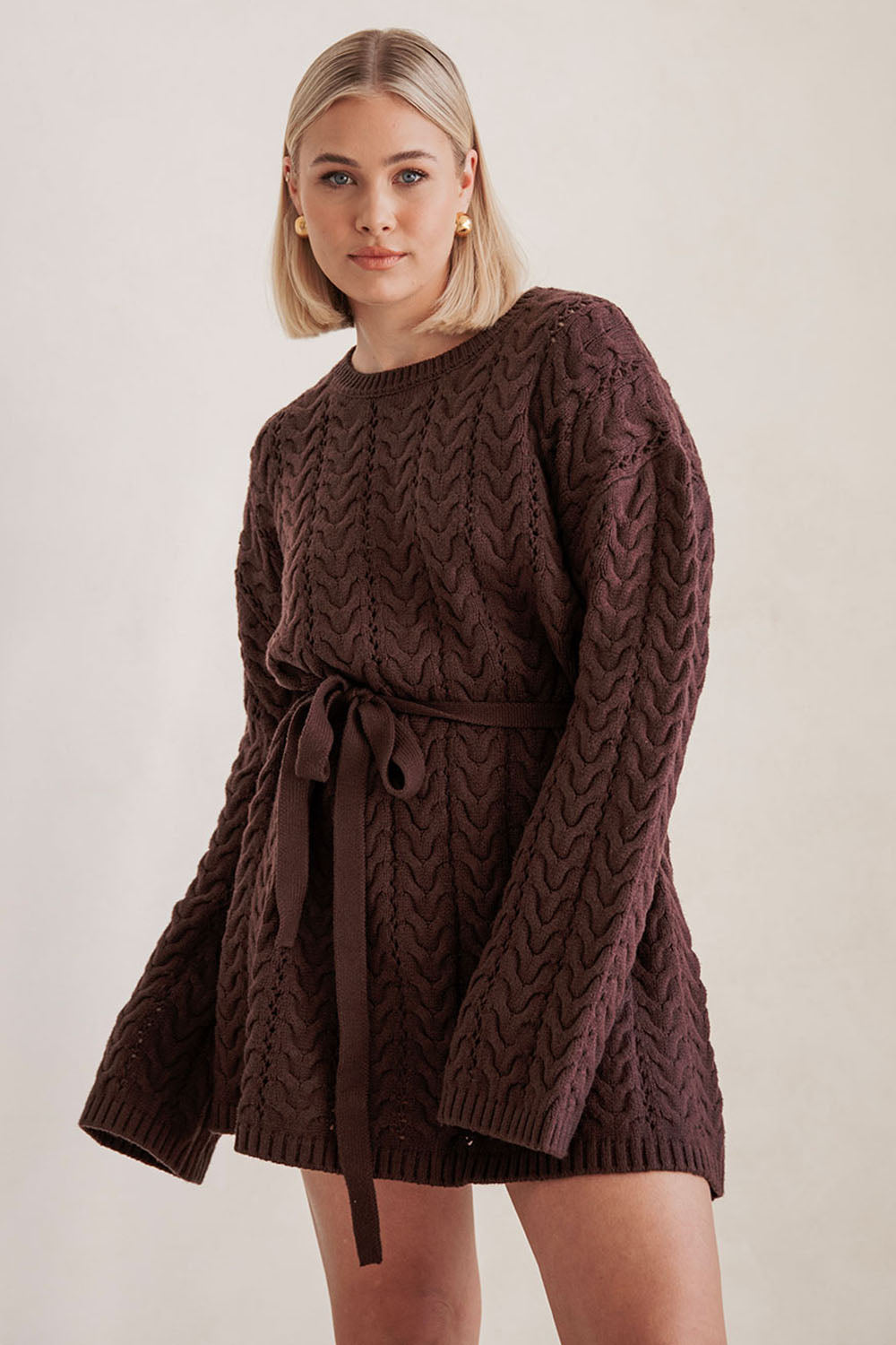 Brown Cable Knit Long Sleeve Tie Mini Sophie Dress – SABO