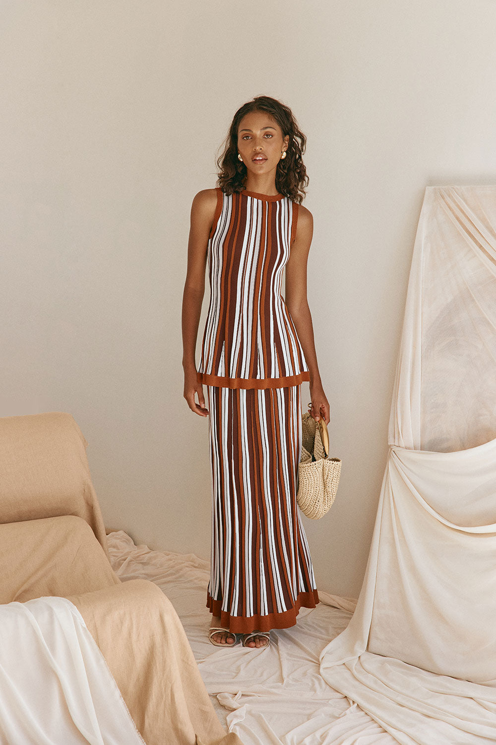 Brown Stripe Pleated Maxi Zodiac Maxi Skirt – SABO