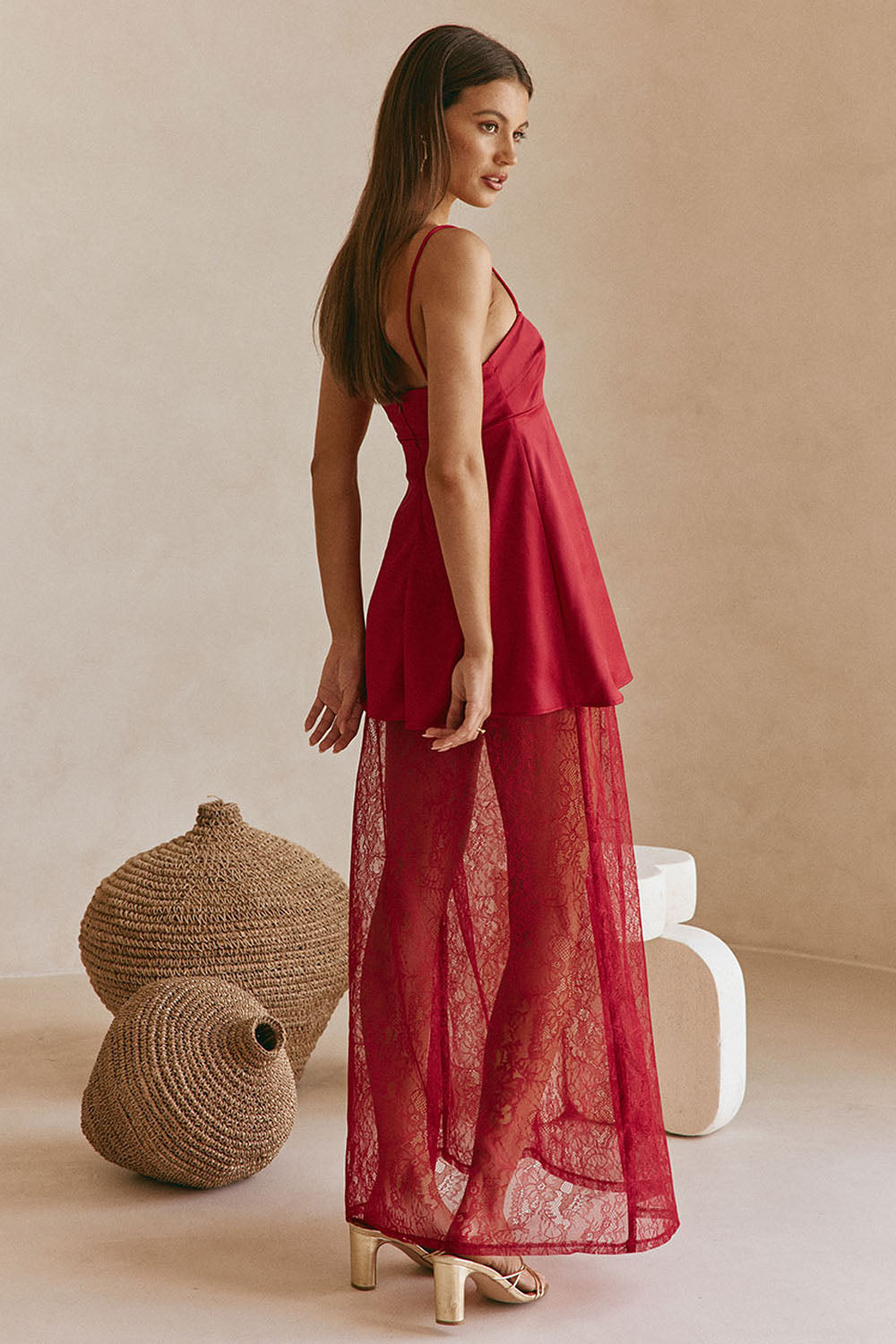 Red Silky Lace Strappy Maxi Dove Dress S
