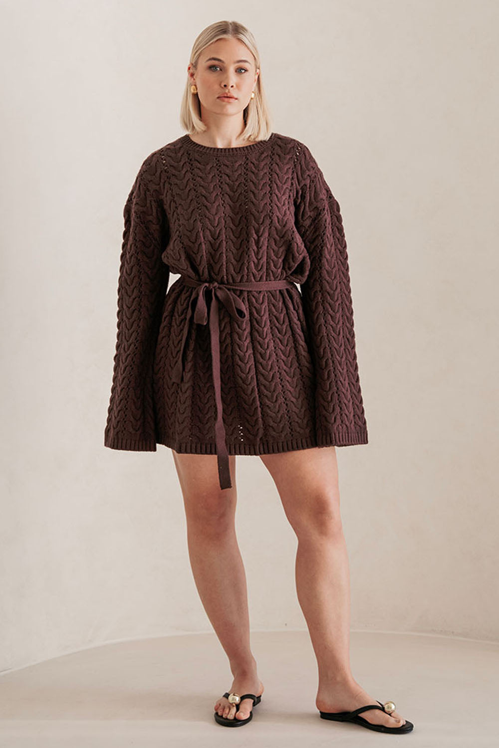 Brown Cable Knit Long Sleeve Tie Mini Sophie Dress XS | by SABO Brown Cable Knit Long Sleeve Tie Mini Sophie Dress XS | by SABO