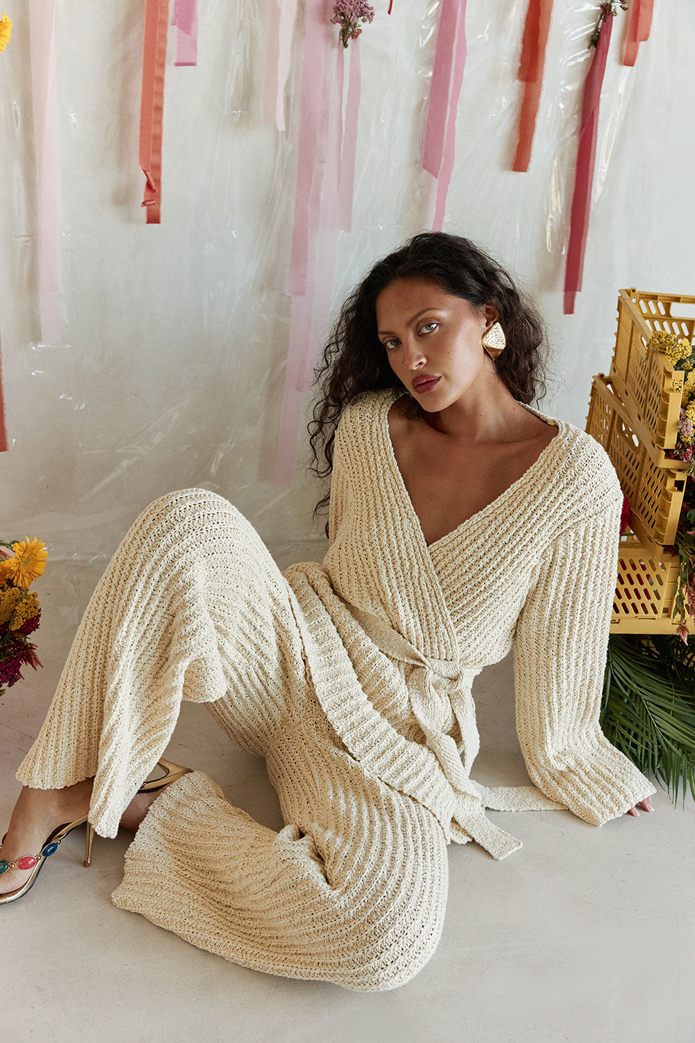Cream Ribbed Knit Long Sleeve Wrap Noble Cardigan – SABO