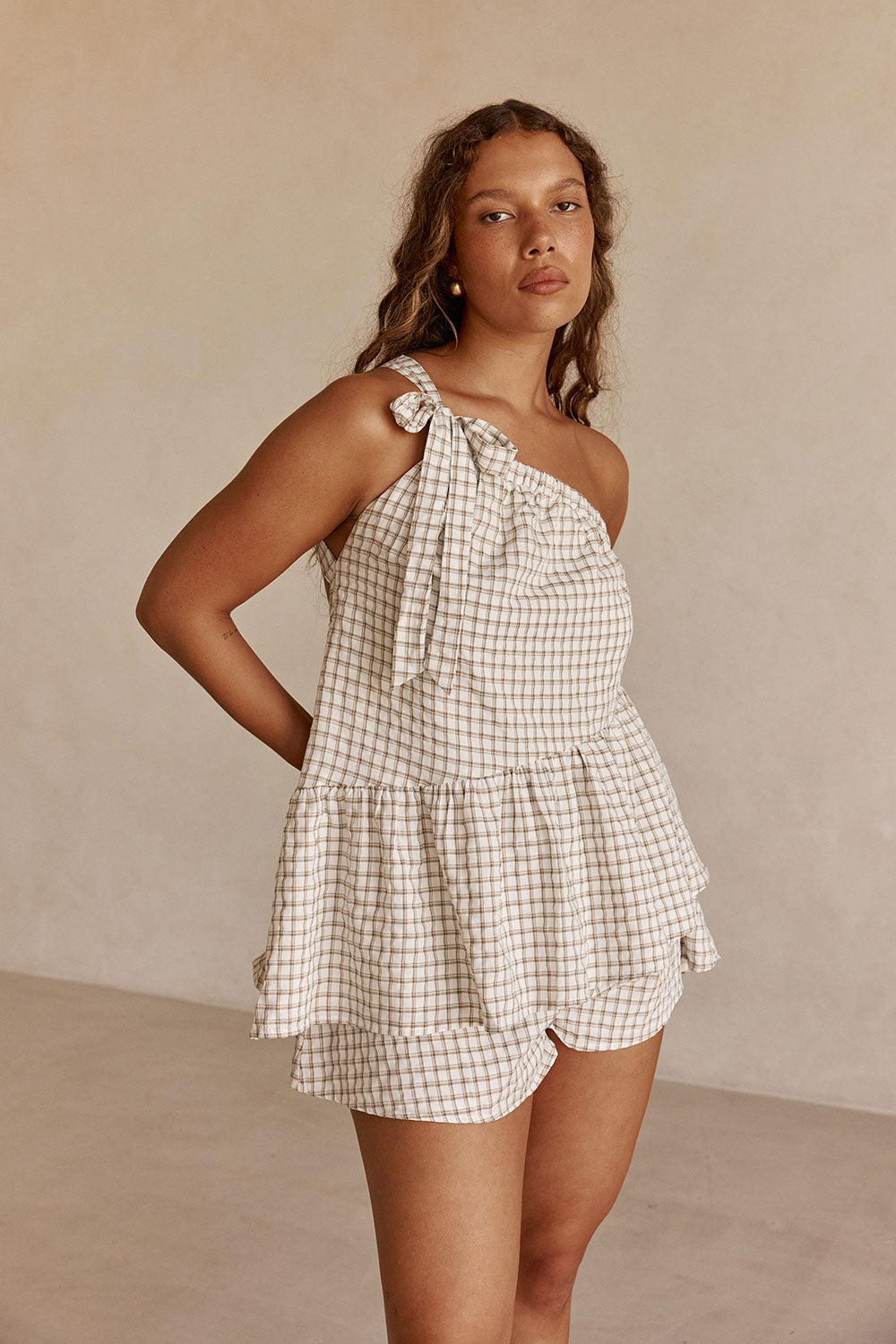 Beige Gingham One Shoulder Backless Charlie Top – SABO