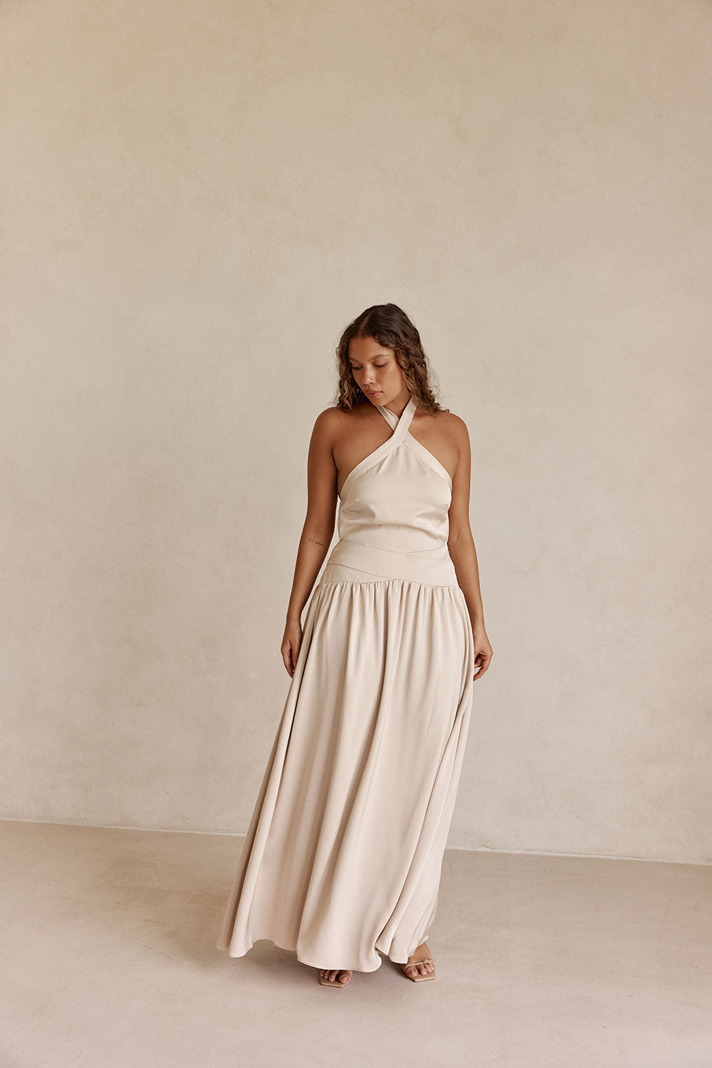 Beige Silky Halter Maxi Rani Dress XL