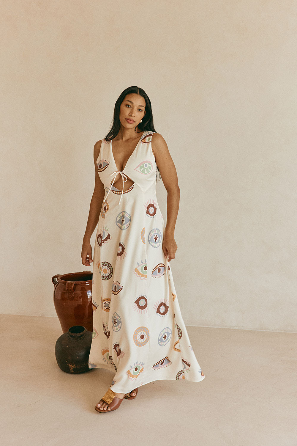 Cream Matia Print V Neck Maxi Serene Dress L | by Sabo Cream Matia Print V Neck Maxi Serene Dress L | by Sabo