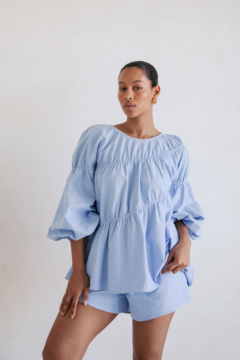 Blue Long Sleeve Panelled Flounce Akel Top – SABO Blue Long Sleeve Panelled Flounce Akel Top – SABO