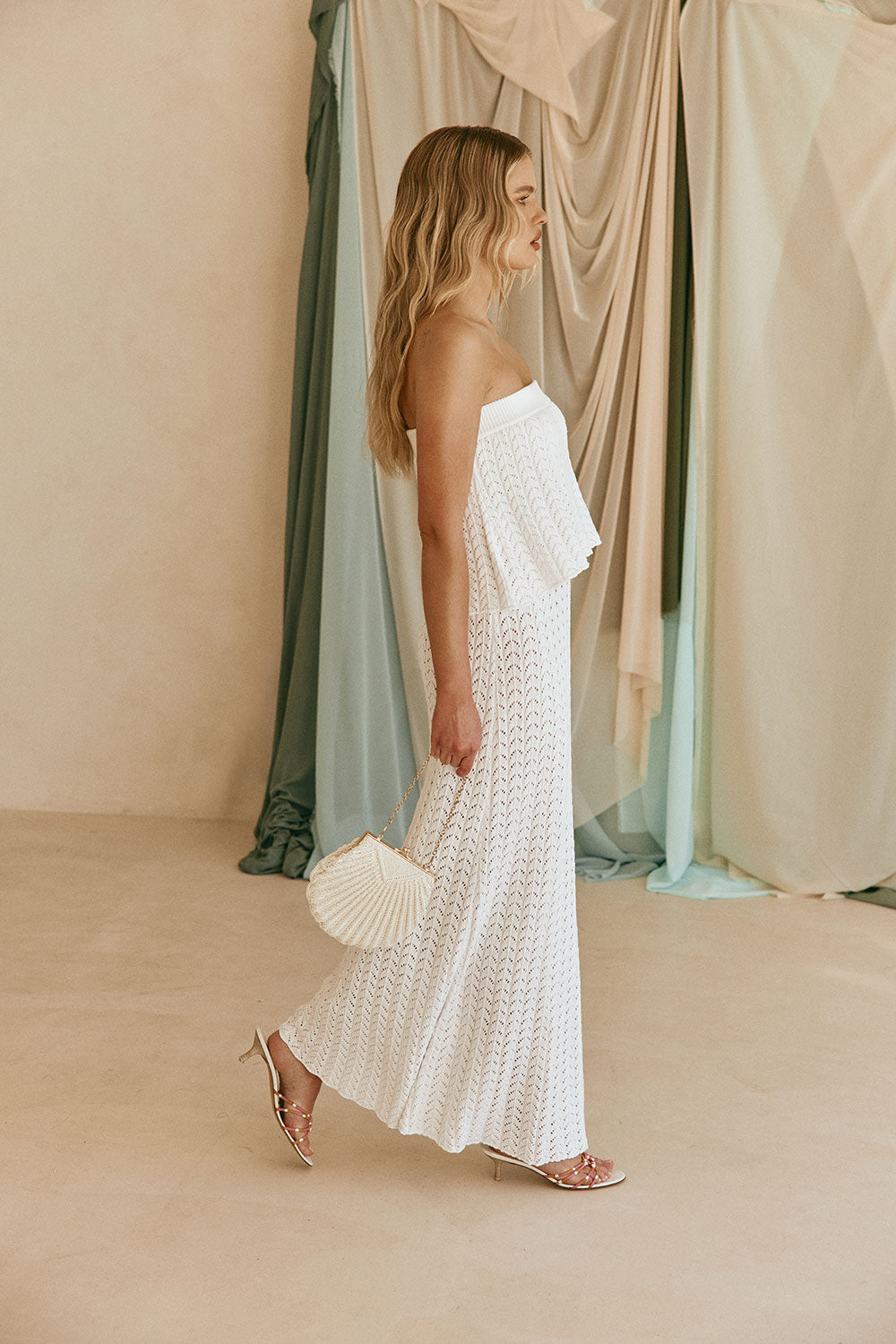 White Vintage Crochet Knit Strapless Maxi Maria Dress XS