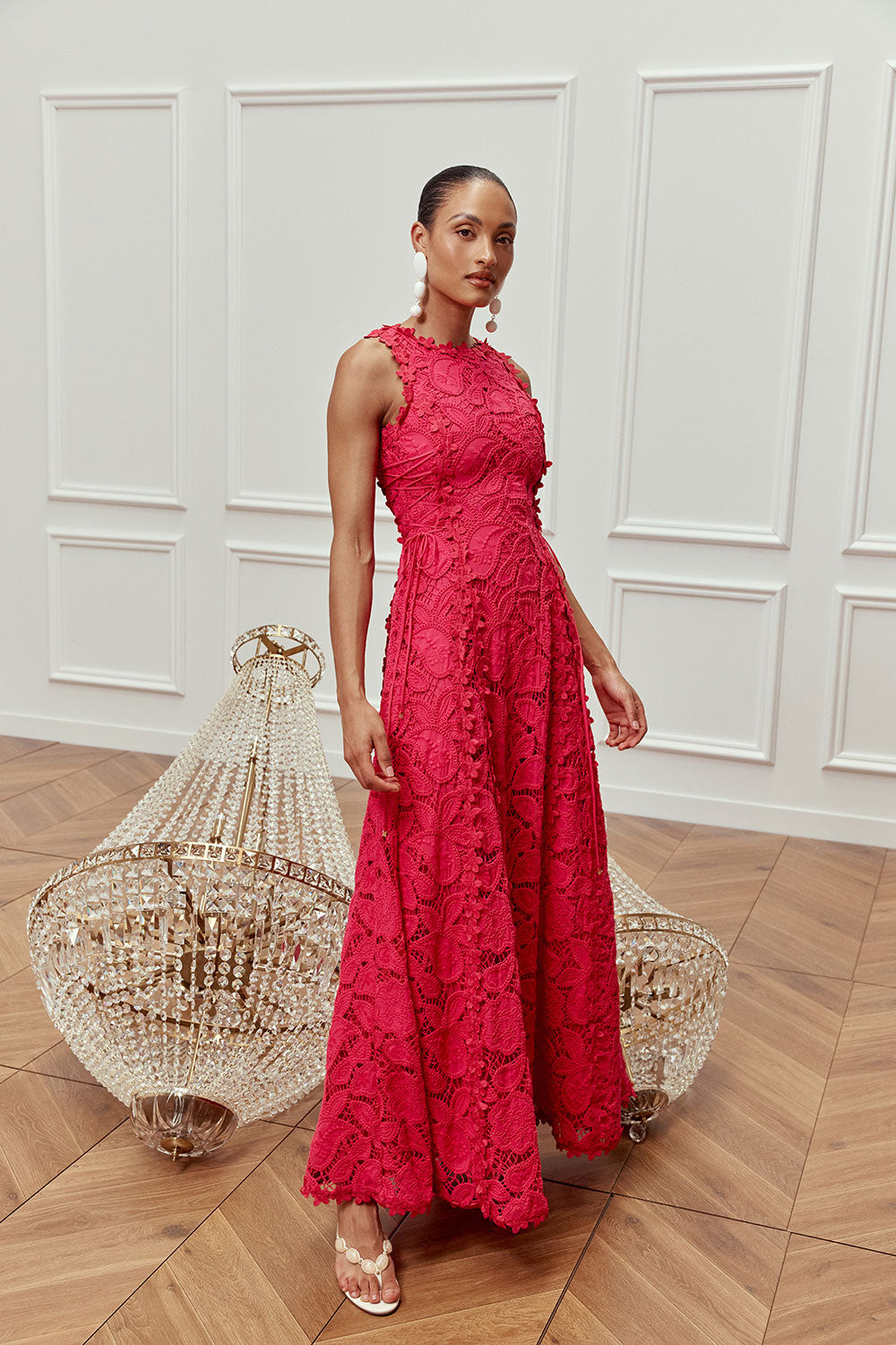 Pink Cutwork Floral Boat Maxi Alize Dress XS