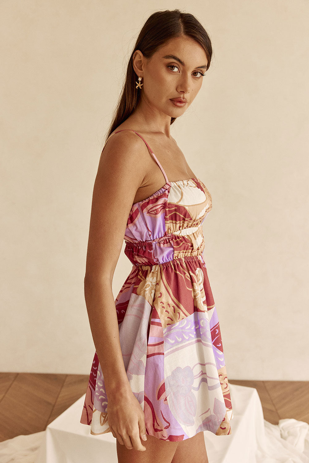 Purple Mosaic Veil Print Ruched Mini Corina Dress – SABO