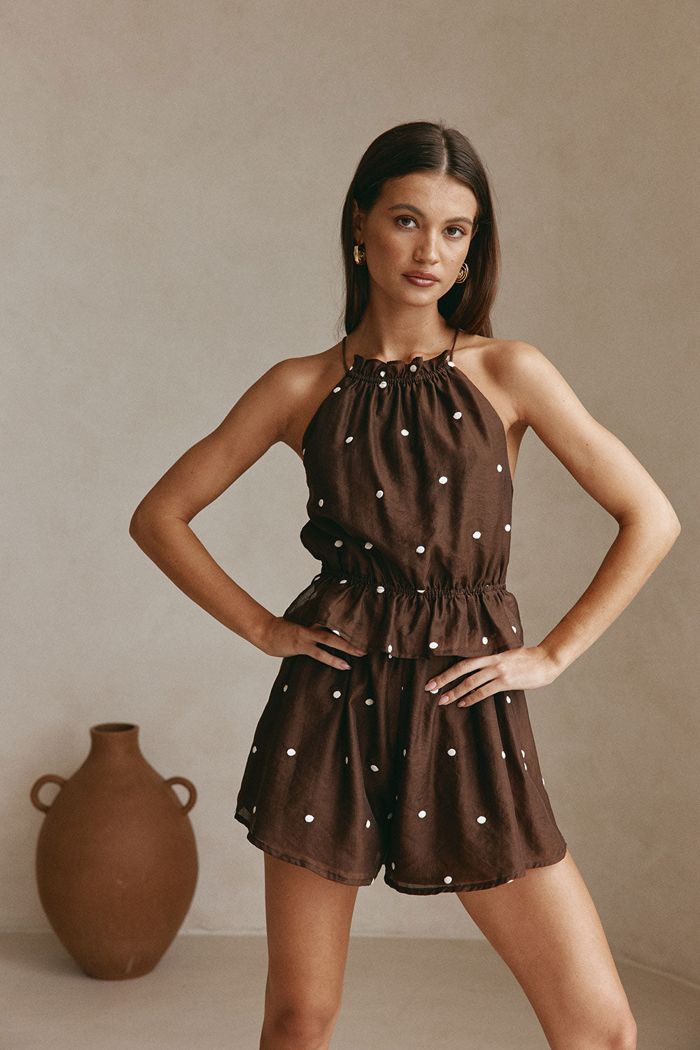 Chocolate Speck Polka Dot Halter Backless Adira Playsuit – SABO