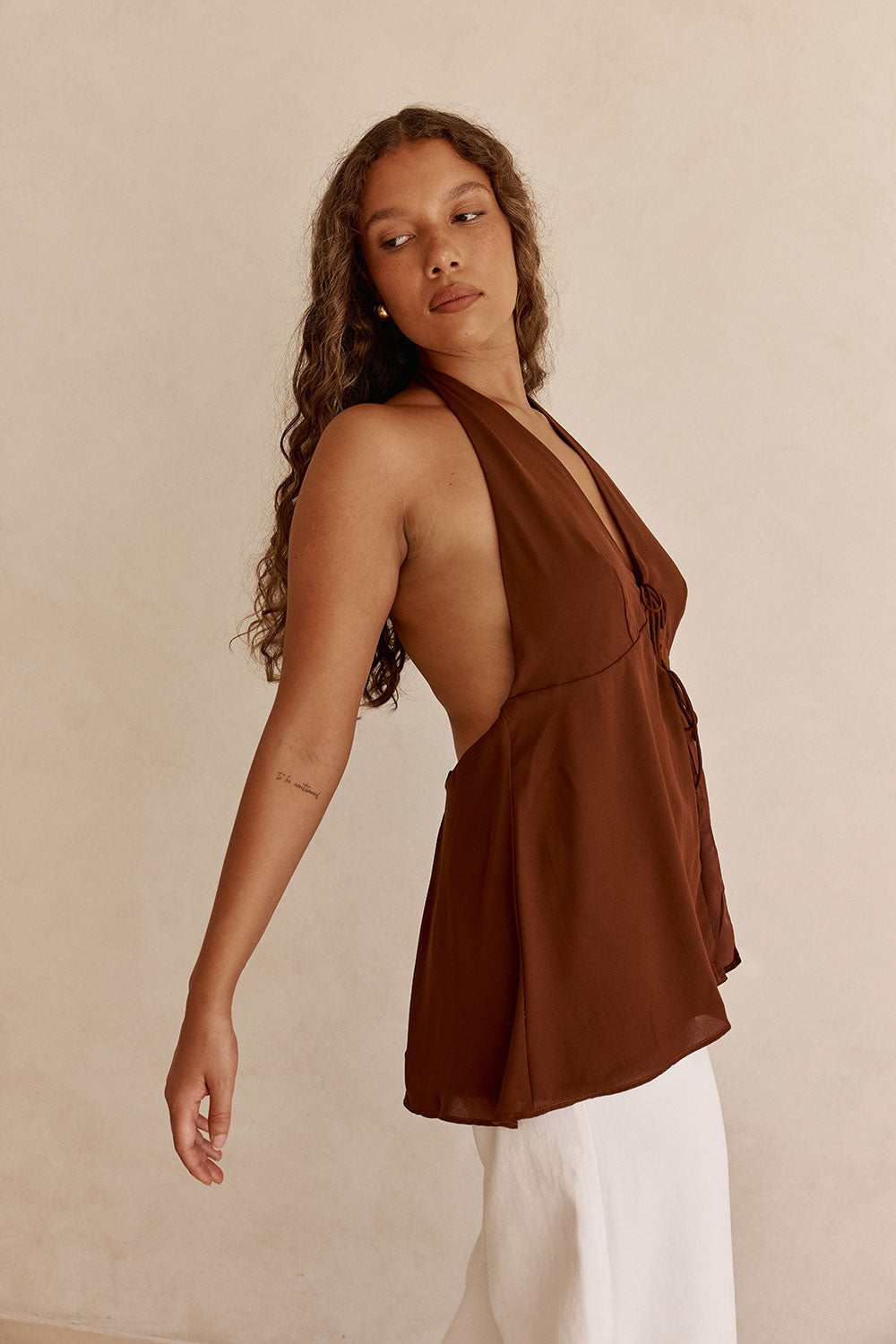 Chocolate Brown V Neck Halter Liora Top – SABO