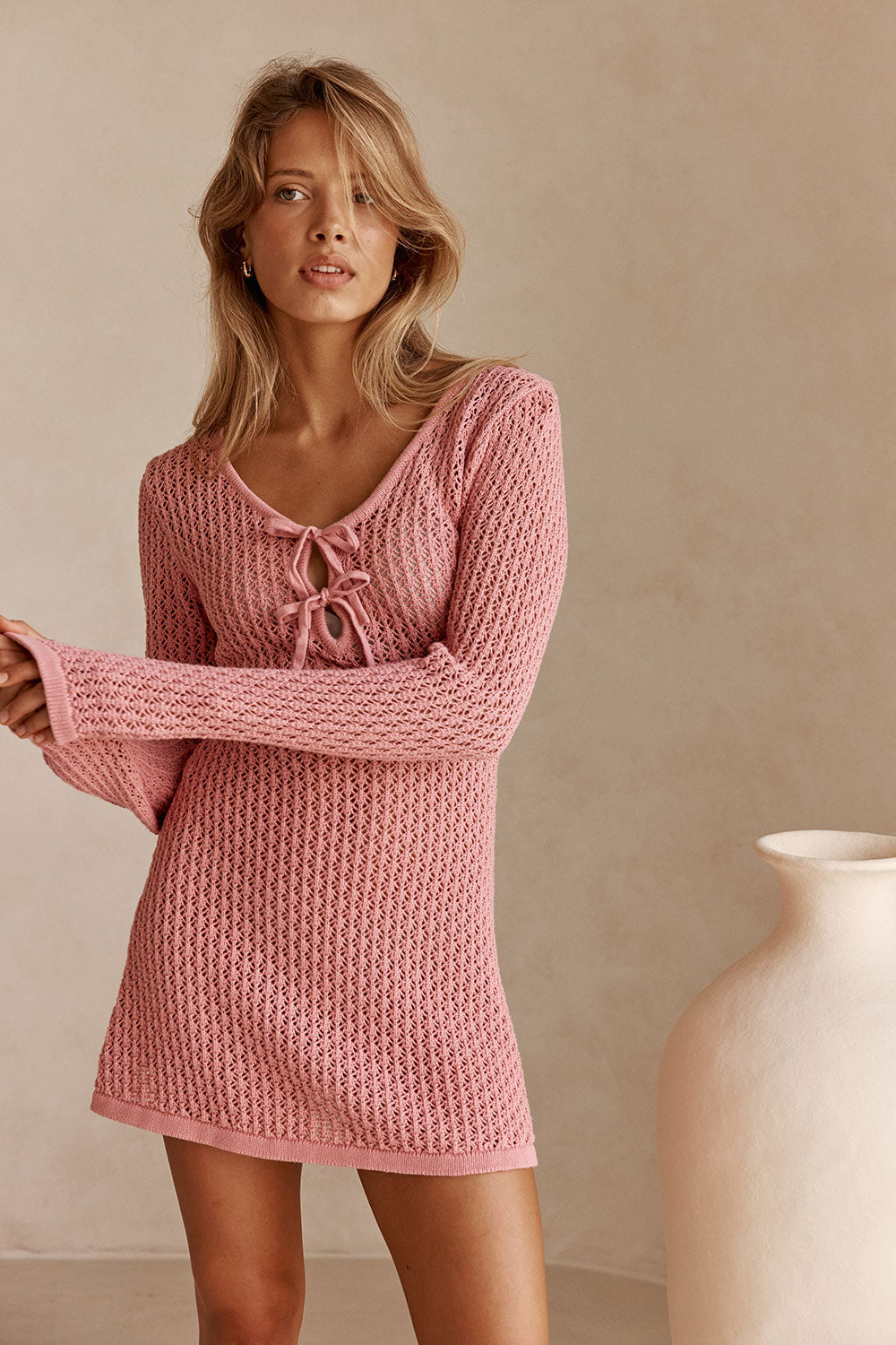 Rose Pink Knit Long Sleeve Mini Nara Dress XXL