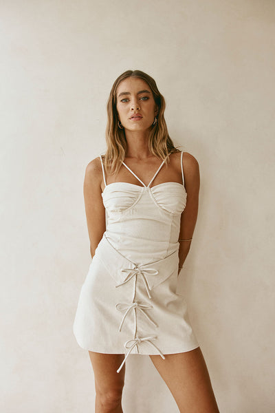 bec and bridge alexandra mini dress Beige Strappy Front Tie XS Gathered lace dress natural main Centre back invisible zip Color:Rose Black