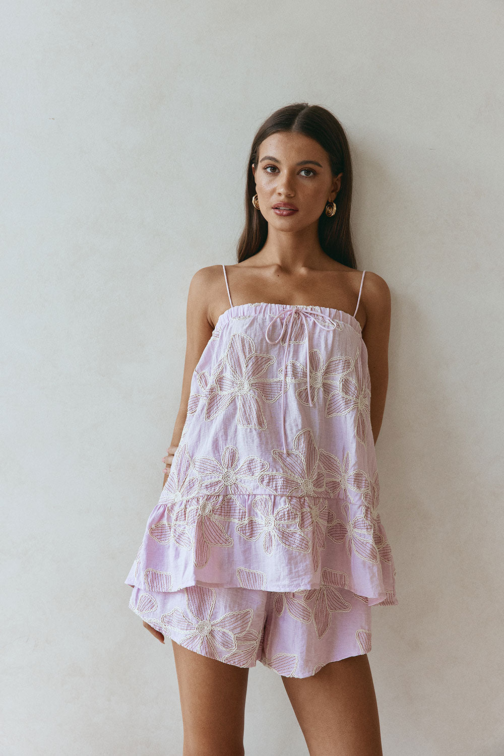 Bloom Pink Embroidered Elastic Drawstring Hazel Shorts – SABO