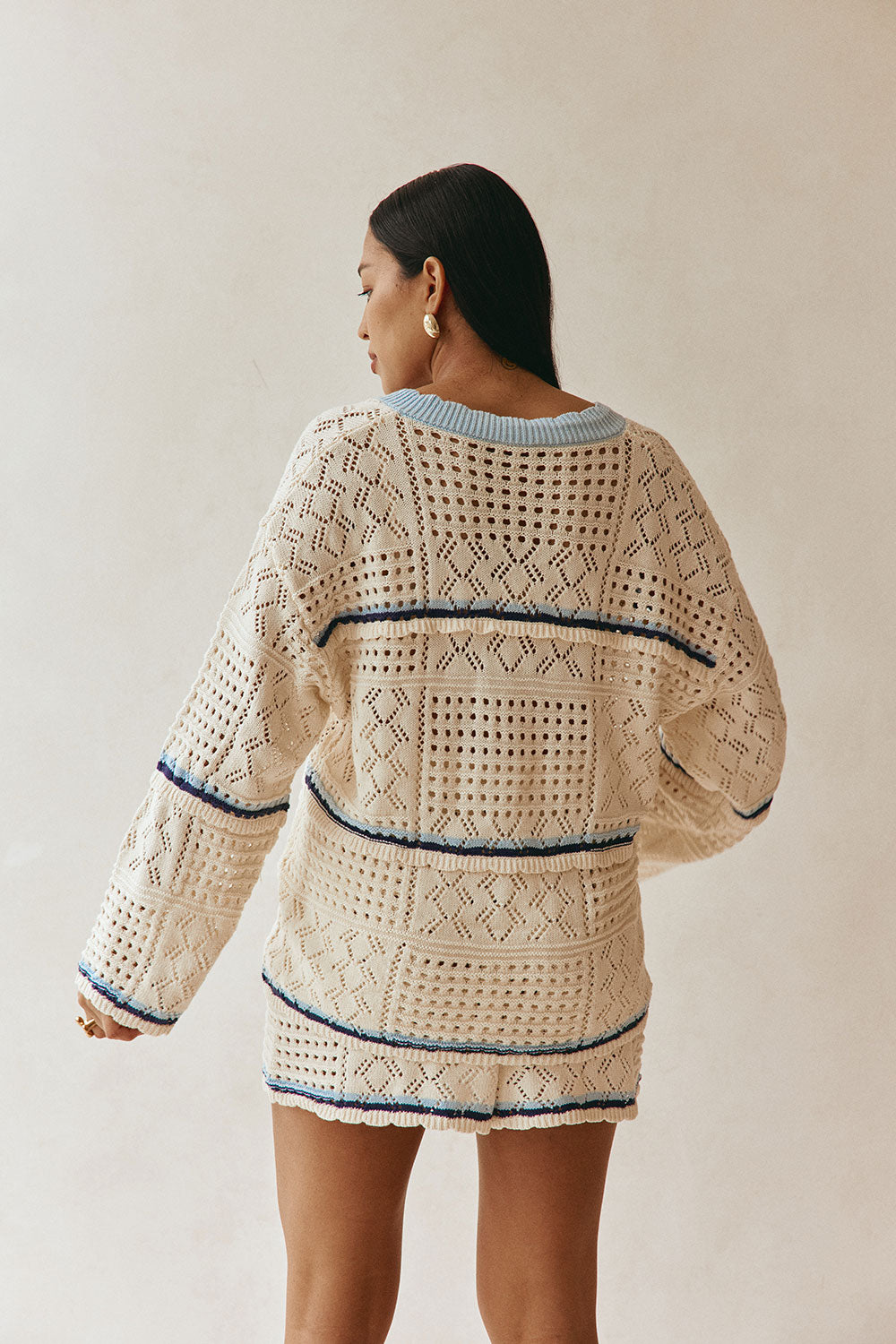 Cream Cotton Crochet Knit Long Sleeve Boxy Balia Top – SABO