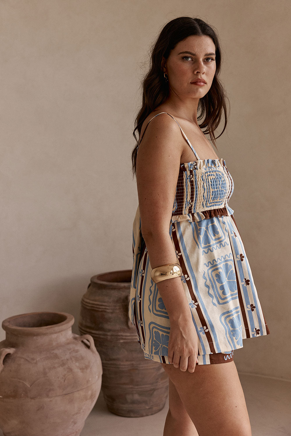 Blue Solance Print Linen Babydoll Florian Top – SABO