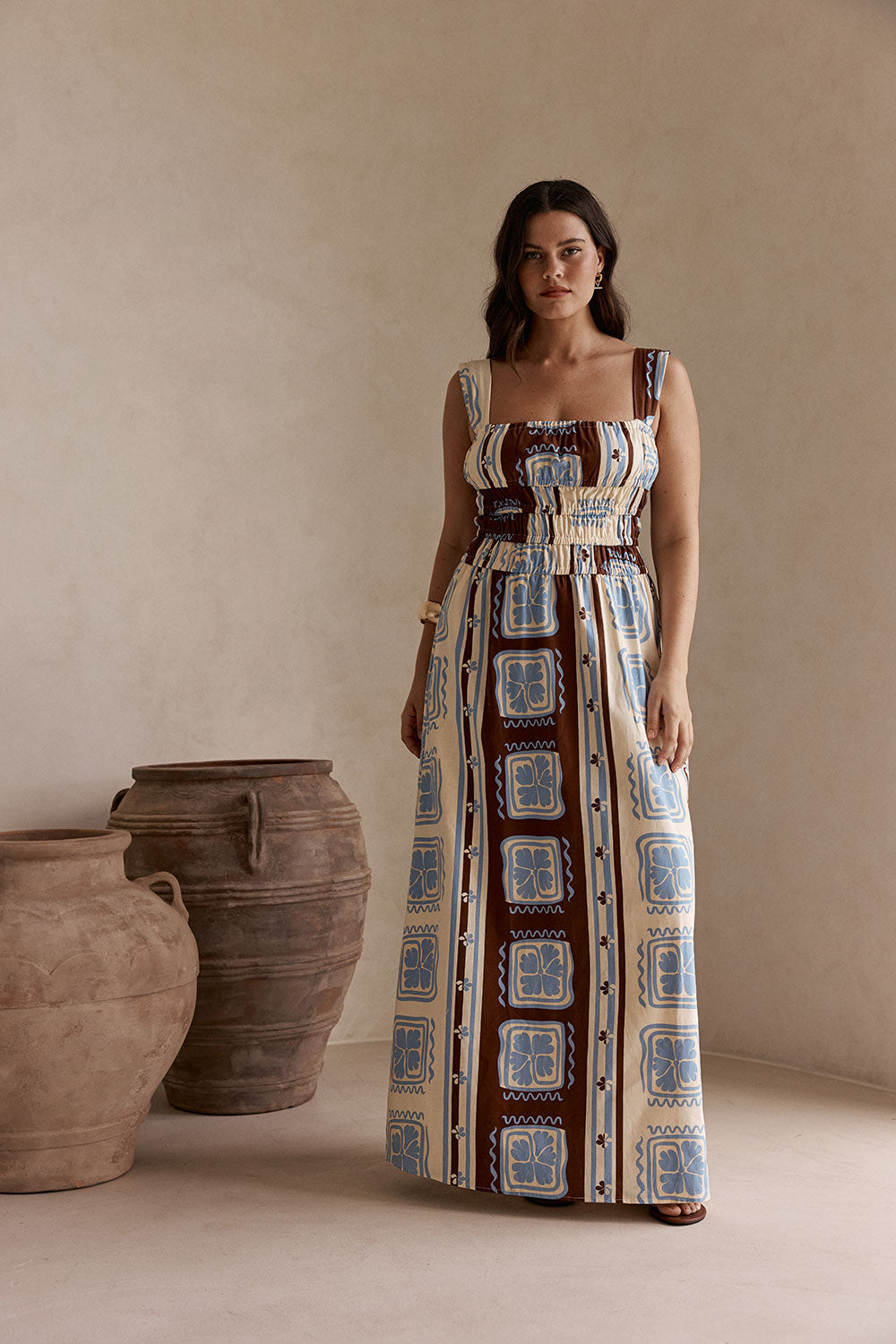 Blue Solance Print Ruched Maxi Azra Dress – SABO