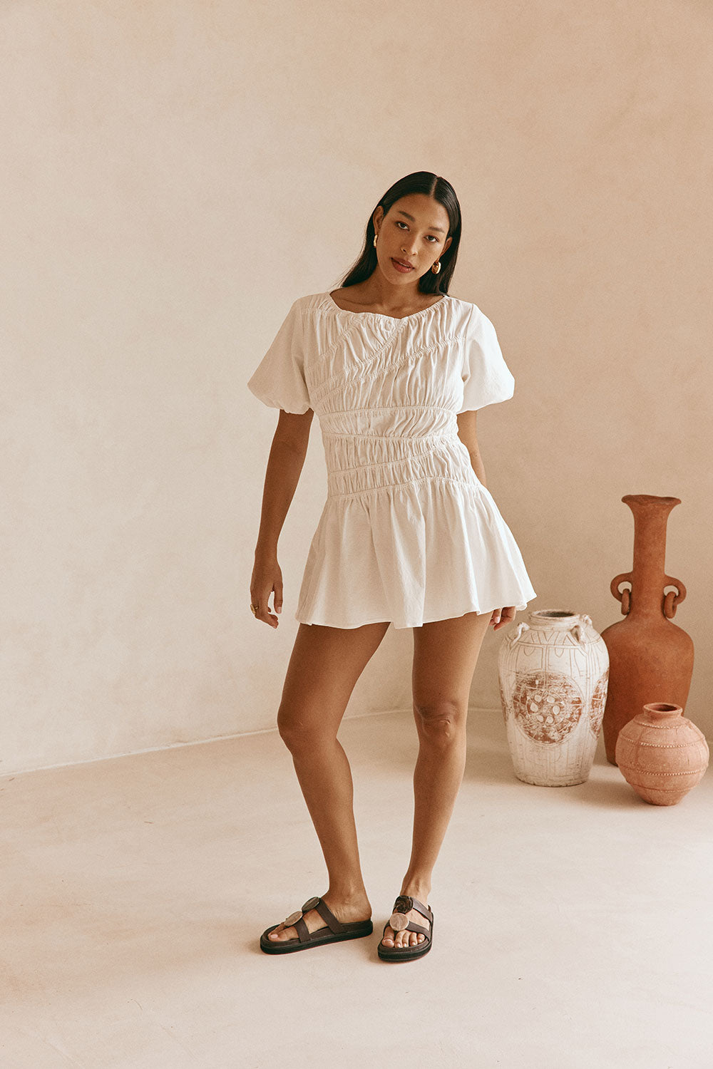 white ruched dress White Cotton Ruched Mini Lou Dress – SABO