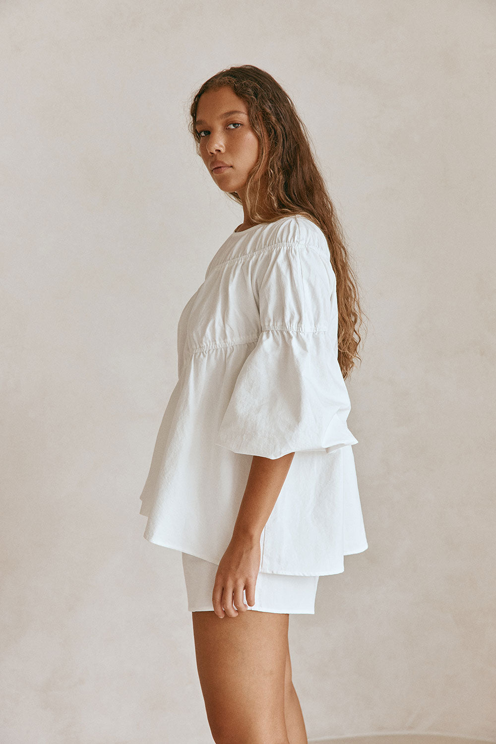 White Structured Ruched Puff Sleeve Akel Top – SABO