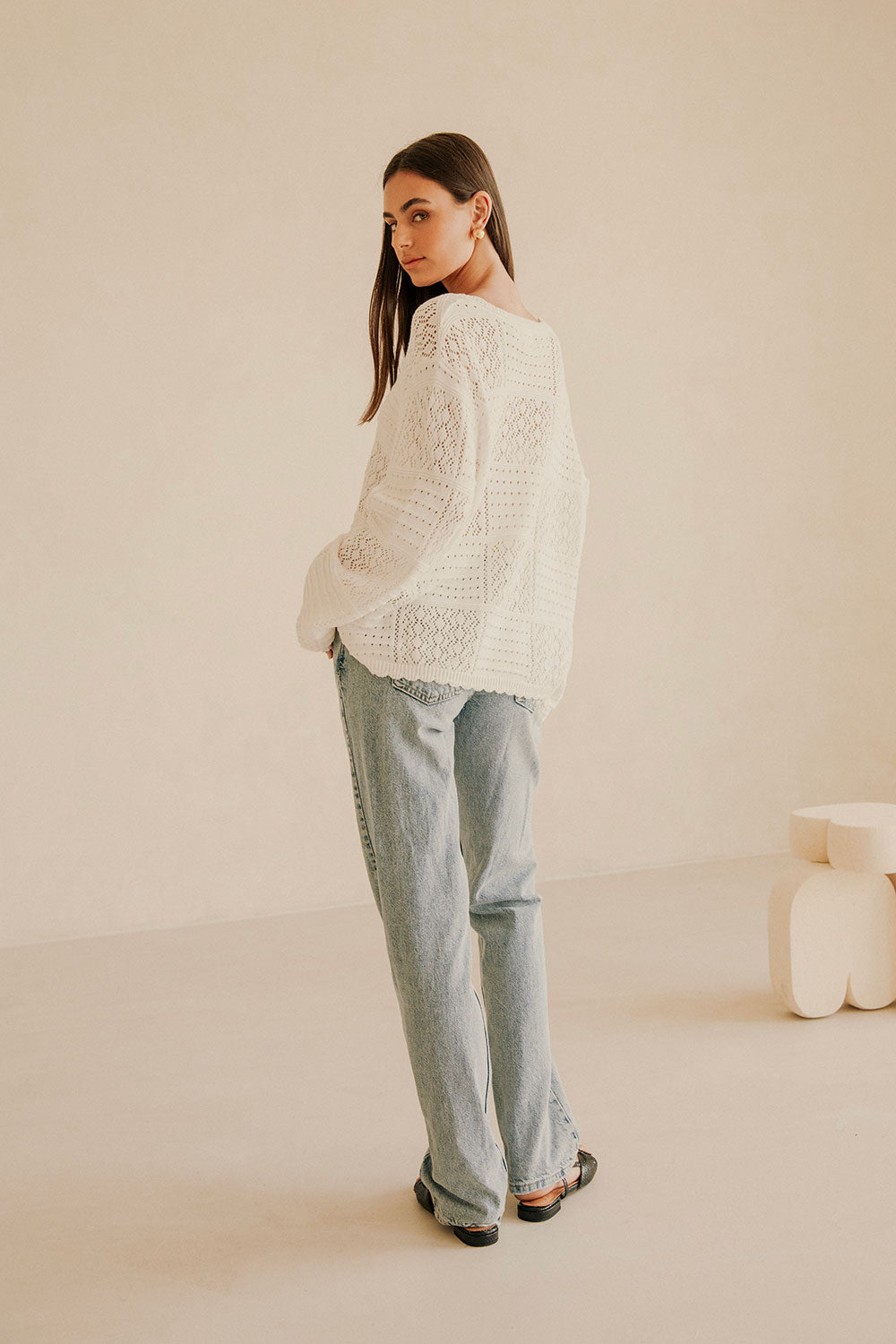 White Knit Long Sleeve Button Up Martina Top – SABO