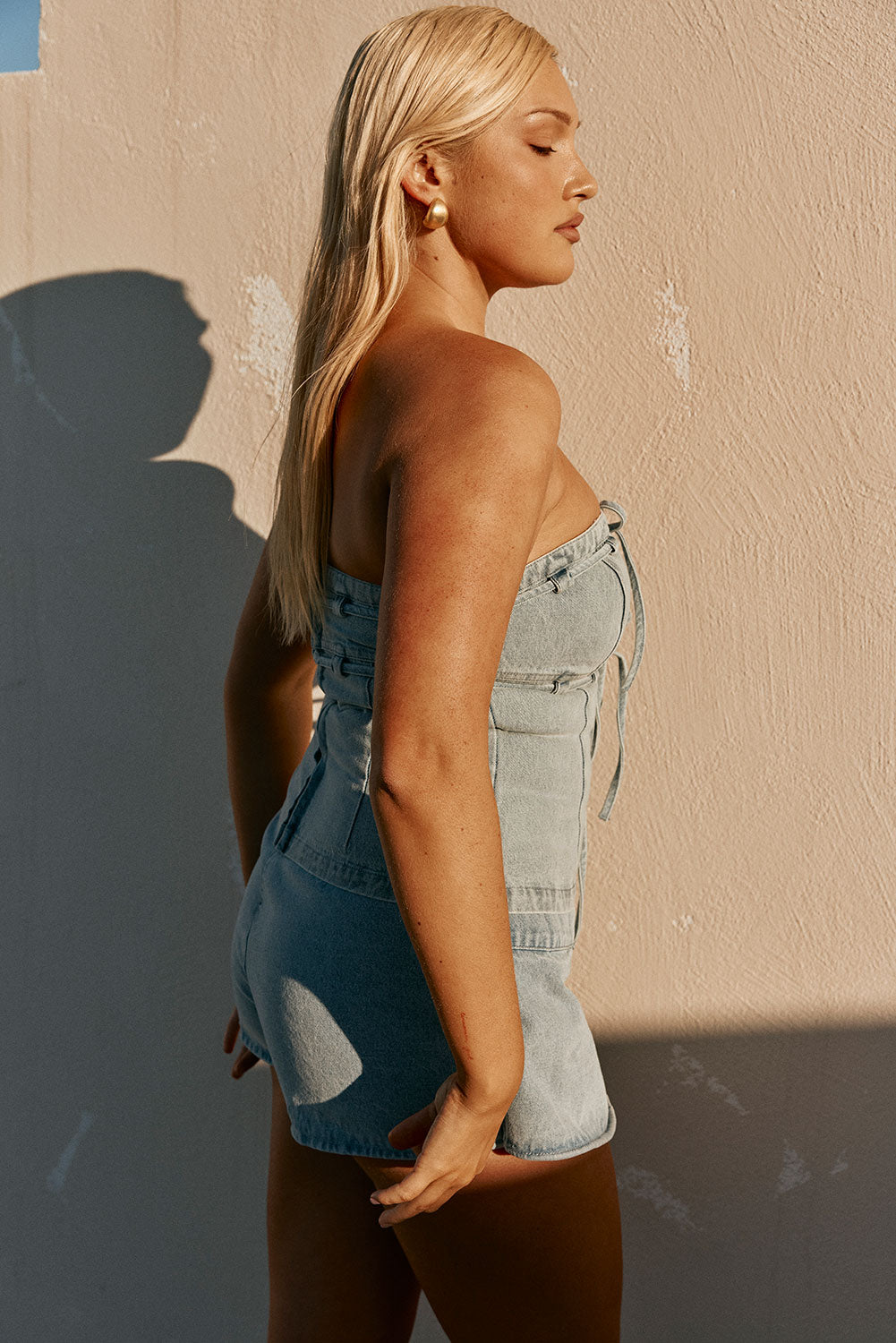 Blue Denim Strapless Tie Fiore Top – SABO