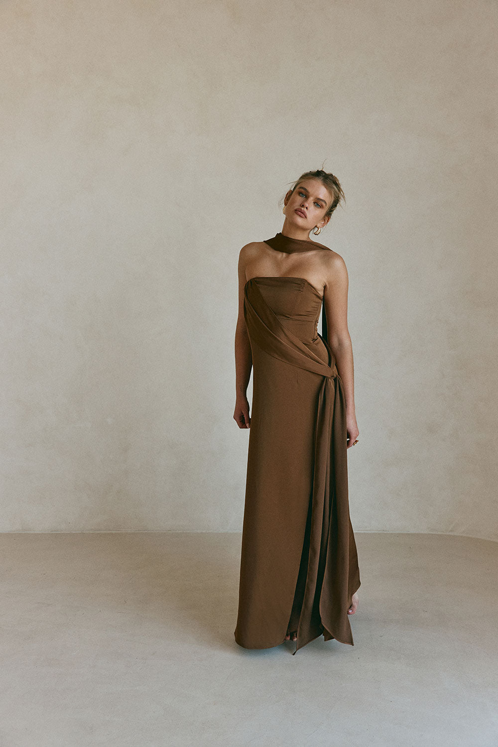 Chocolate Brown Silky Strapless Maxi Eclair Dress M